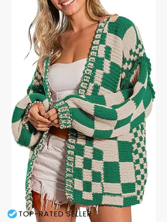 Sweaters - Vintage Checkered Cardigan Chunky Knit Oversized Boyfriend Style Open Front